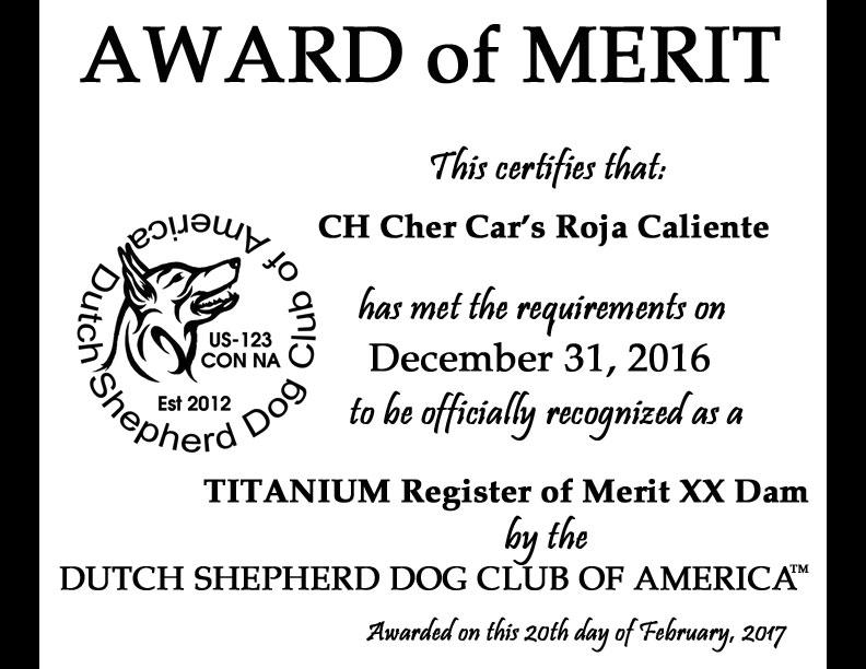 Dutch Shepherd Dog Club of America Award of Merit