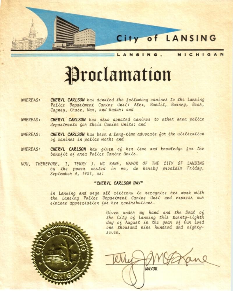 Proclamation of �Cheryl Carlson Day� in Lansing, Michigan on September 4, 1987